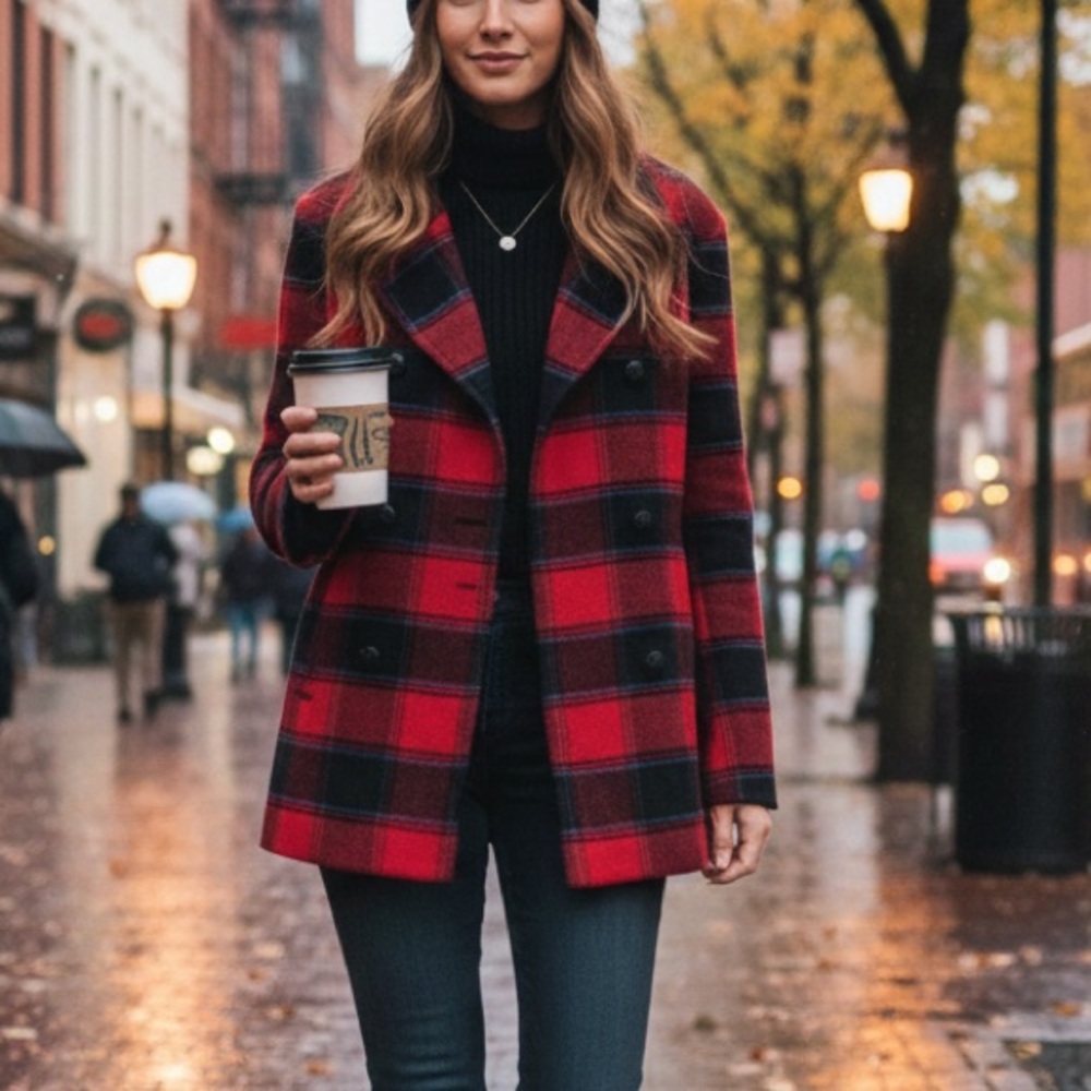 Brooks Brothers Red Fleece Buffalo Plaid Wool Pea Coat | Dark Academia Red Sz 8